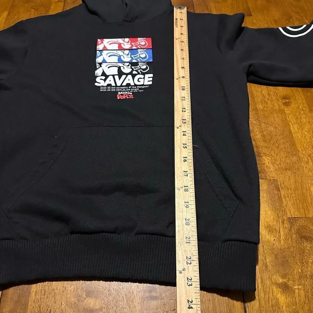 Savage Popeye Hoodie Black Hooded Sweater Sweatshirt Pullover Boys Youth Sz L